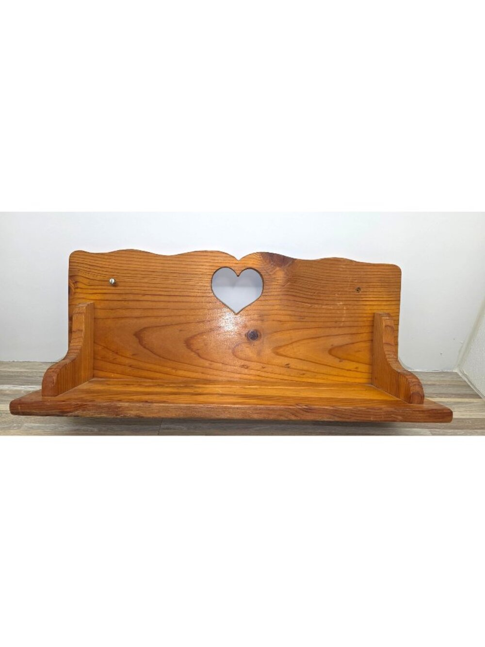 23" Heavy Vintage Heart Cut-Out Wooden Wall Shelf w Plate Groove Cottagecore